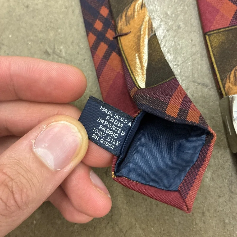 Vintage Equestrian Dogs Rare Polo Ralph Lauren Tie - Silk Handmade! Plaid! Red